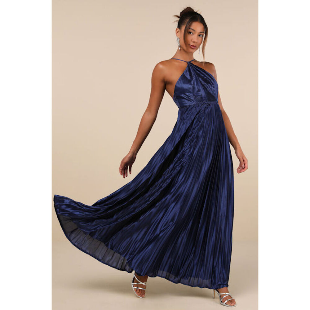 Lulus Elaborate Charm Navy Blue Satin Pleated Backless Maxi Dress - Size M